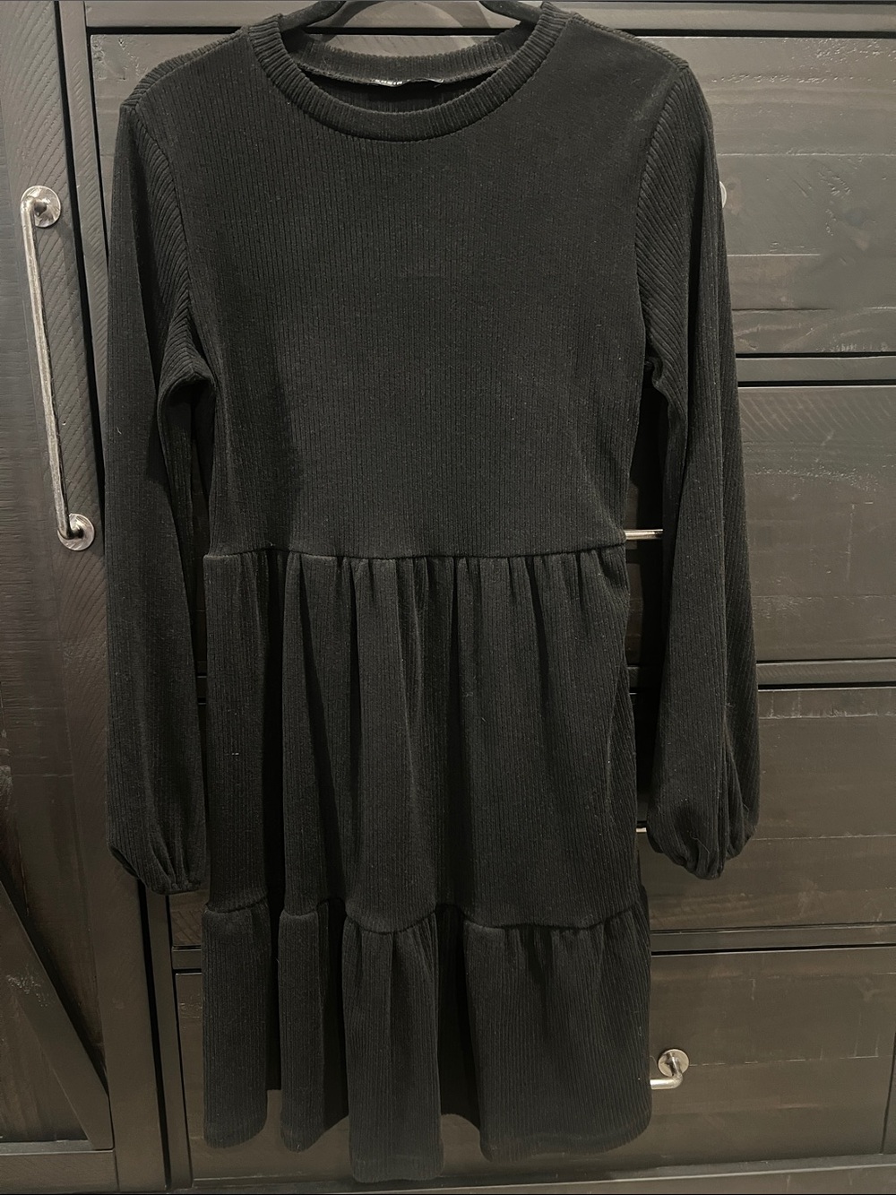 SHEIN Black Long-Sleeve Ribbed Tiered Dress